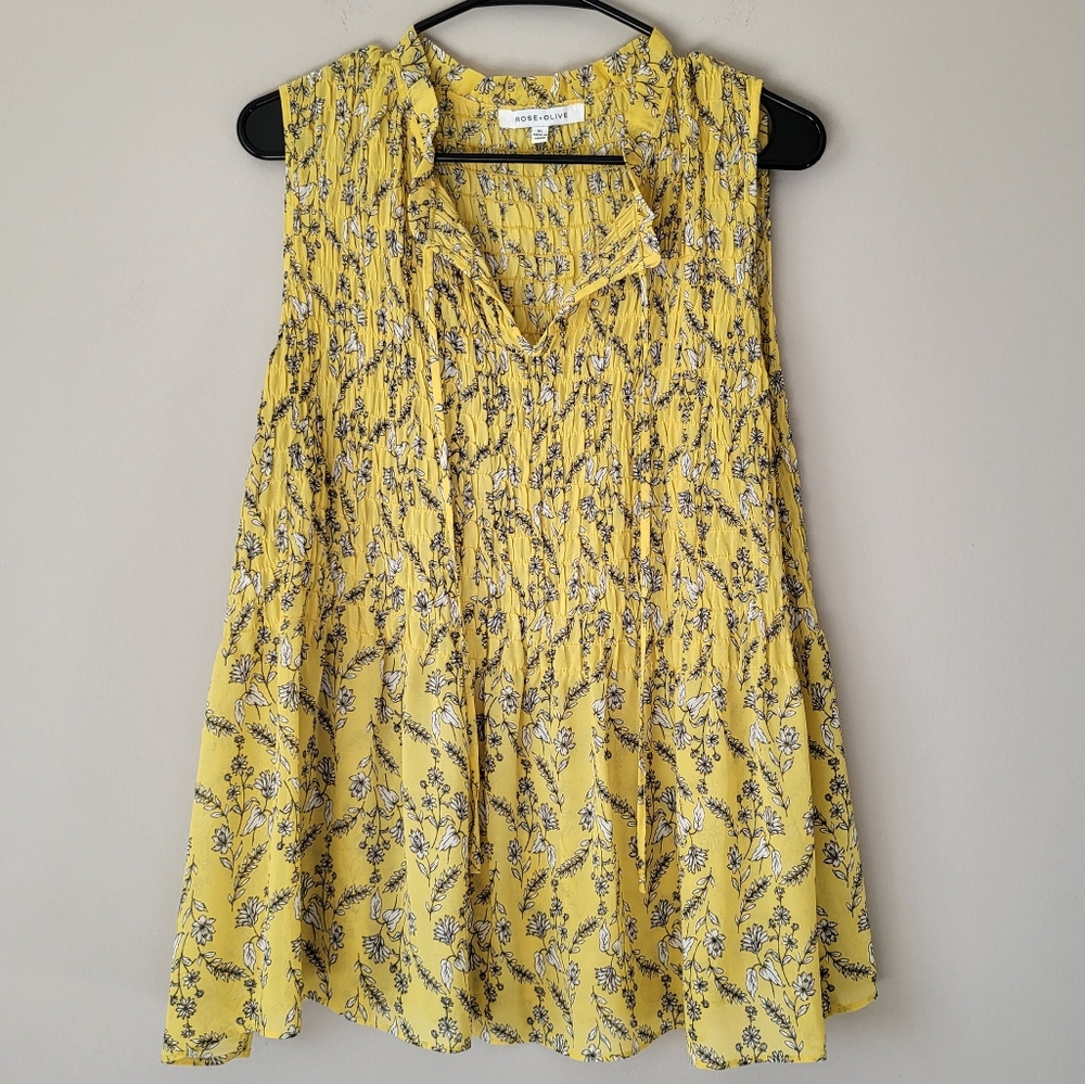 Rose + Olive Shirred Sheer Tank in yellow, black and white floral XL